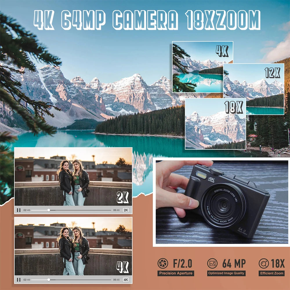 4K Digital Camera for Photography & 18X Digital Zoom 64MP Camera