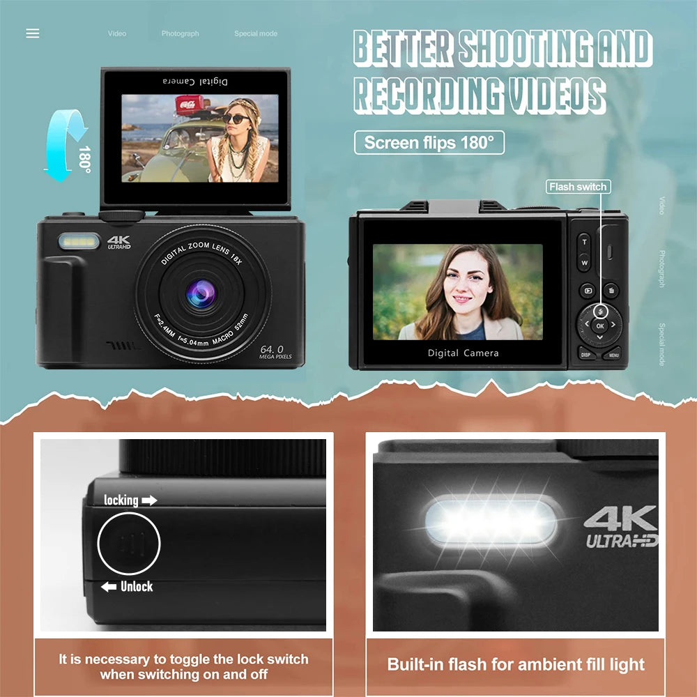 4K Digital Camera for Photography & 18X Digital Zoom 64MP Camera