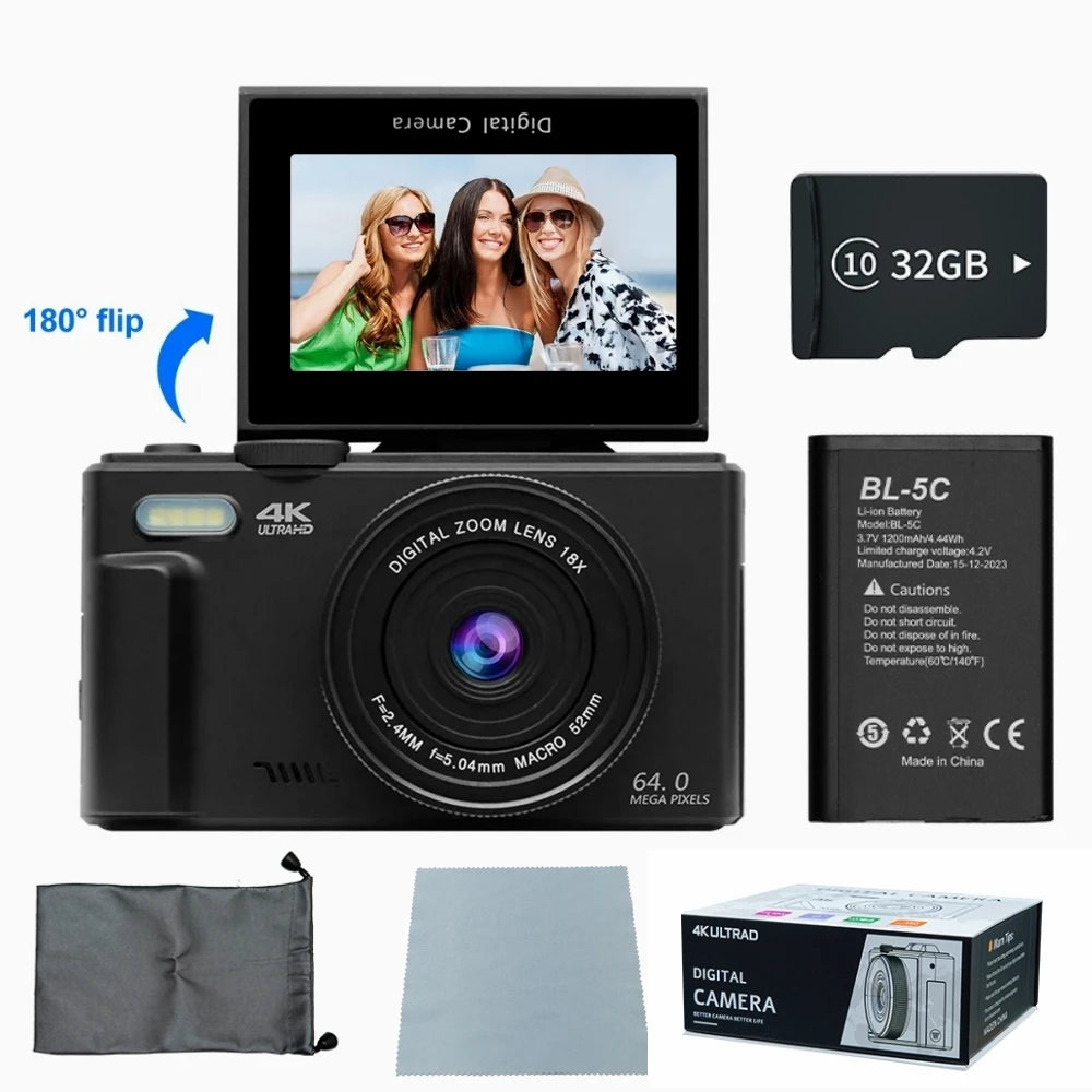 4K Digital Camera for Photography & 18X Digital Zoom 64MP Camera